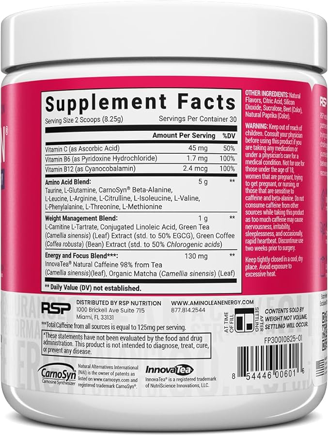 RSP NUTRITION AminoLean Pre Workout Powder, Amino Energy & Weight Management with Vegan BCAA Amino Acids, Natural Caffeine, Preworkout Boost for Men & Women, 30 Serv