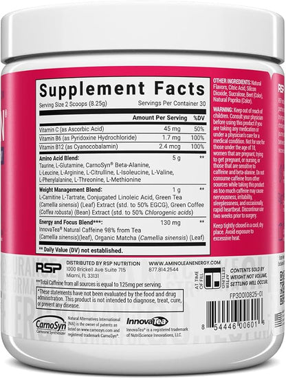 RSP NUTRITION AminoLean Pre Workout Powder, Amino Energy & Weight Management with Vegan BCAA Amino Acids, Natural Caffeine, Preworkout Boost for Men & Women, 30 Serv