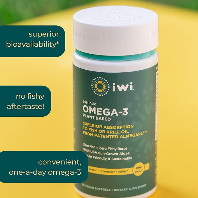 Iwi Omega-3 Essential, 90 Softgels (90 Servings), Plant-Based Algae Omega 3 with EPA + DHA, Brain, Heart & Immune Support Dietary Supplement, Krill & Fish Oil Alternative, No Fishy Aftertaste