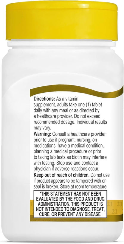 21st Century Biotin Tablets, 10,000 mcg, Unflavored 120 Count