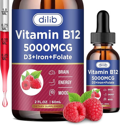 Vitamin B12 Complex 5000 mcg | Vegan B12 Liquid Drops Sublingual Supplement | Methylcobalamin w/ Folate, Folate, Vitamin B6, C, D3 for Long-Lasting Energy and Healthy Metabolism, Raspberry Flavor