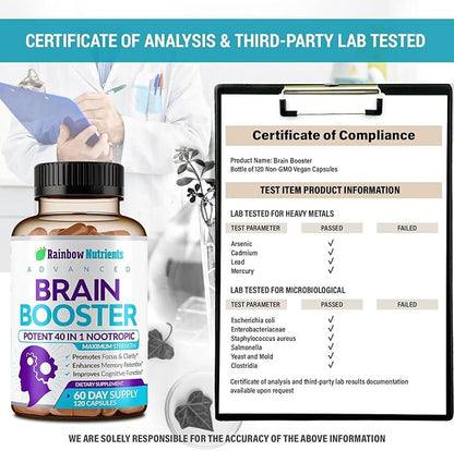 40-in-1 Brain Booster Supplements for Memory, Focus, Clarity, Energy, Performance | Natural Nootropic Brain Support Supplement with DMAE, Bacopa Monnieri & More | For Men & Women | 120 V Capsules
