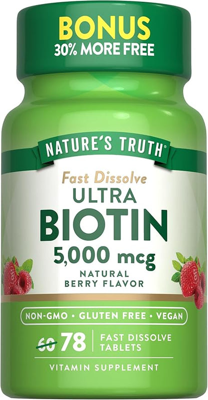 Nature's Truth Biotin 5000mcg | 78 Fast Dissolve Tablets | Natural Berry Flavor | Vegan, Non-GMO, Gluten Free
