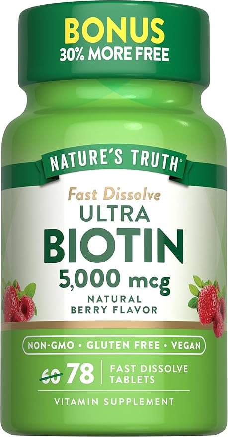 Nature's Truth Biotin 5000mcg | 78 Fast Dissolve Tablets | Natural Berry Flavor | Vegan, Non-GMO, Gluten Free