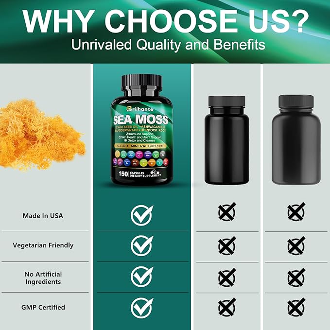 Irish sea moss capsules,organic sea moss supplement for energy and fatigue,seamoss black seed oil ashwagandha burdock root organic Mineral Complex for Gut health, skin, and joints - 150 Count
