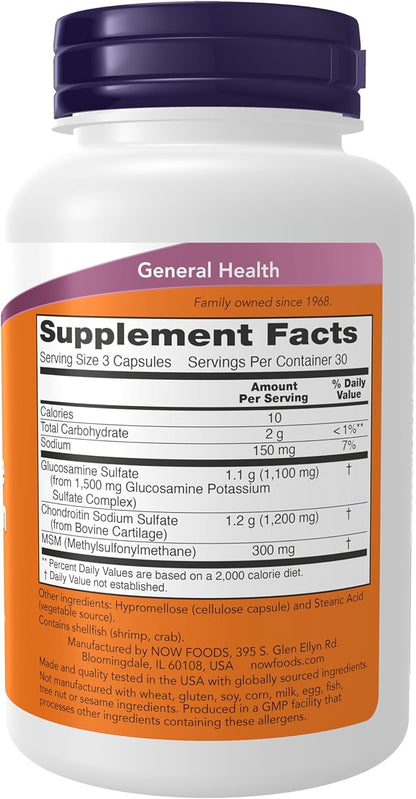 NOW Foods Supplements, Glucosamine & Chondroitin with MSM, Joint Health, Mobility and Comfort*, 90 Veg Capsules
