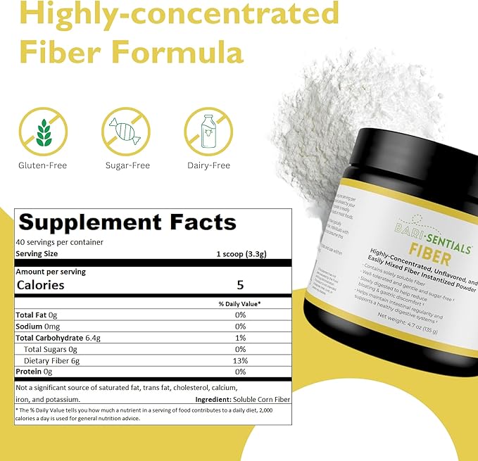 Barisentials Soluble Fiber Powder- Digestive Health Supplement and Gut Support- Easily Mixed- Gluten and Sugar Free- Bariatric Fibre- Unflavored- 135 Grams, 40 Servings