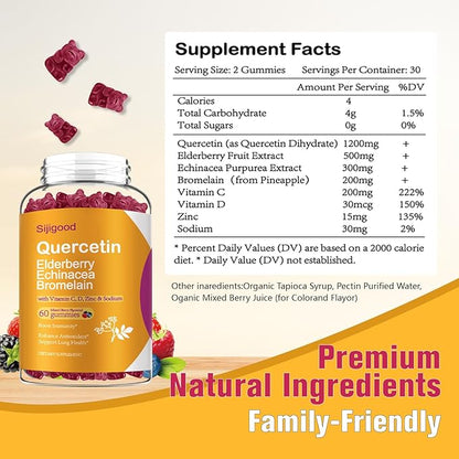 Quercetin Gummies with Bromelain, Elderberry, Echinacea, Vitamin C D Zinc - Immune System Support 60 Counts Pure Quercetin Gummies for Kids & Adults