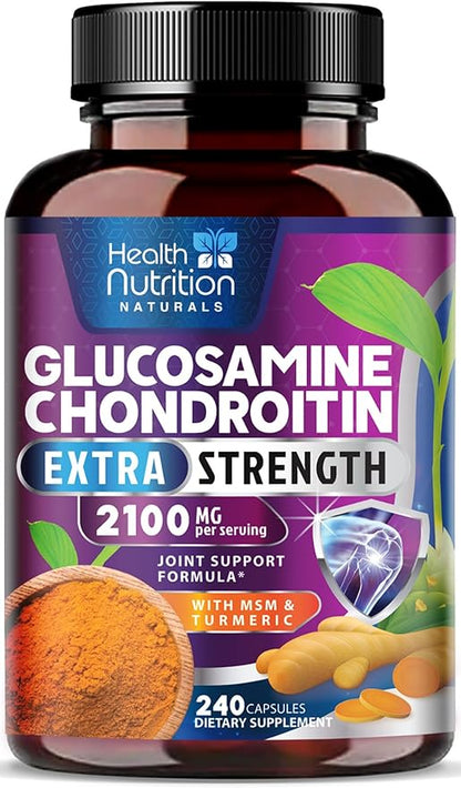Glucosamine Chondroitin MSM Complex - 2100mg Joint Support Supplement with Turmeric & Boswellia - Quercetin for Joints, Bones, Knees & Mobility - Triple Strength Glucosamine Sulfate - 240 Capsules