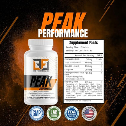 Peak Performance Natural Male Enhancement & Energy Booster – Tongkat Ali, Maca, Zinc & Ginseng – Supports Stamina, Strength & Recovery – 60 Tablets