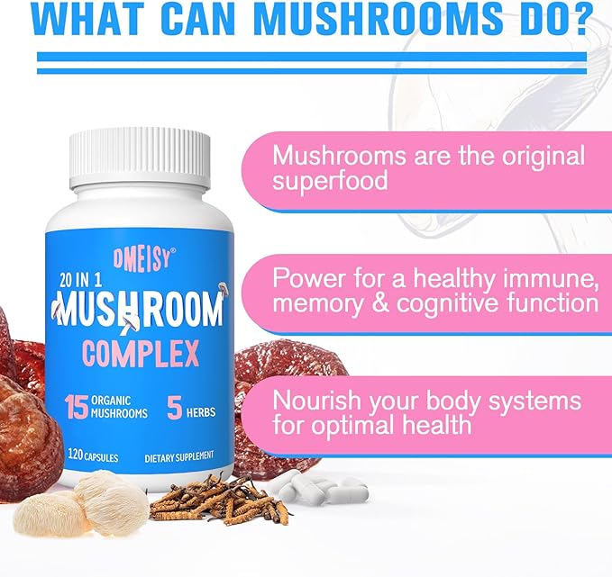 Mushroom Supplement 2600mg, 20-in-1 Mushroom Complex, with Lions Mane, Cordyceps, Reishi, Turkey Tail, Chaga - Brain Supplements for Memory and Focus, Memory Supplements, Mood, Immunity, 120 Capsule