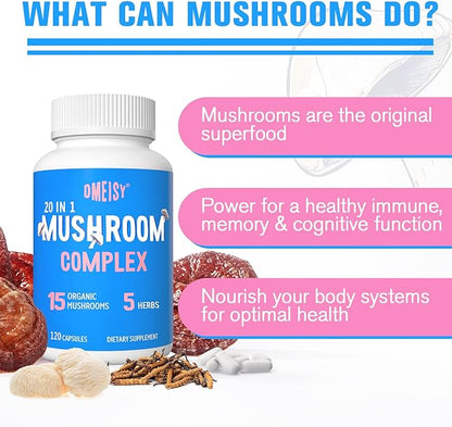 Mushroom Supplement 2600mg, 20-in-1 Mushroom Complex, with Lions Mane, Cordyceps, Reishi, Turkey Tail, Chaga - Brain Supplements for Memory and Focus, Memory Supplements, Mood, Immunity, 120 Capsule