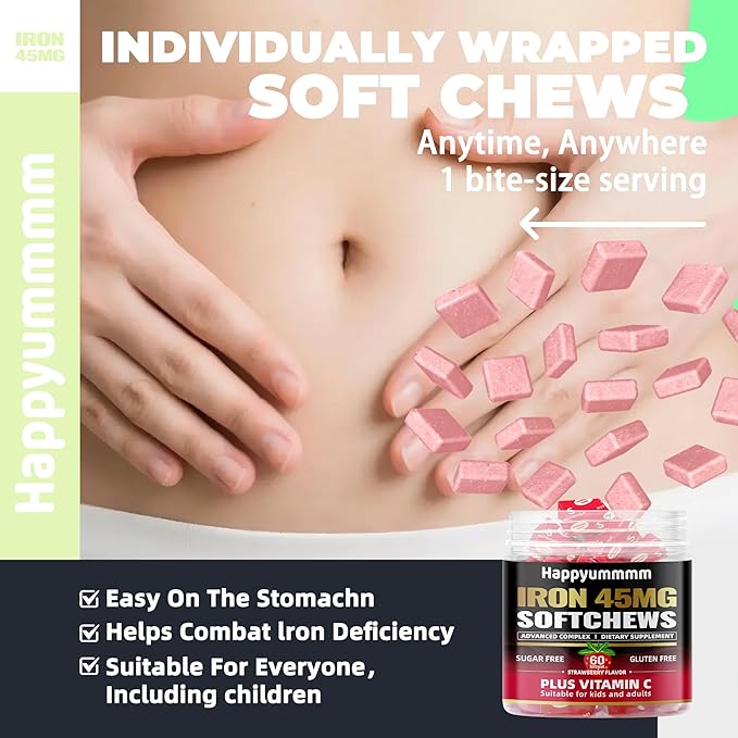 Iron Soft Chews Supplement with Vitamin C | Strawberry Flavored | Gluten Free | Iron Supplement for Women Men and Kids | 60 Count | 2 Month Supply