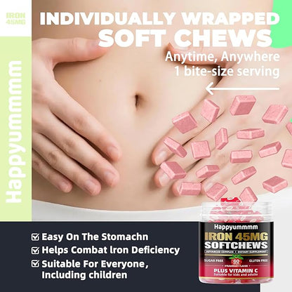 Iron Soft Chews Supplement with Vitamin C | Strawberry Flavored | Gluten Free | Iron Supplement for Women Men and Kids | 60 Count | 2 Month Supply