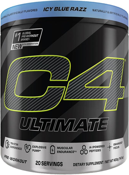 Cellucor C4 Ultimate Pre Workout Powder - Sugar Free Preworkout Energy Supplement for Men & Women - 300mg Caffeine + TeaCrine + Dynamine + Creatine - ICY Blue Razz, 20 Servings