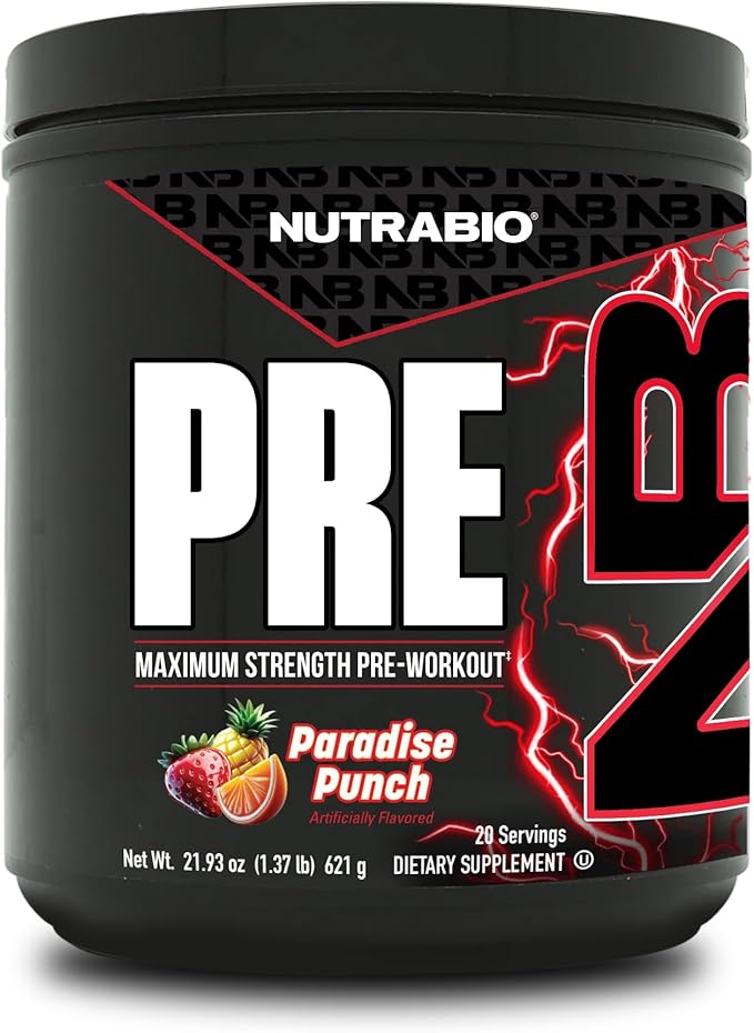NutraBio PRE Workout Powder - New Formula- Sustained Energy, Mental Focus, Endurance - Beta Alanine, Caffeine, Electrolytes - 20 Servings - Paradise Punch