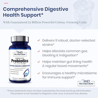 1MD Complete Probiotics Platinum | Supports Digestive Health | with Nourishing Prebiotics, 51 Billion Live CFU, 11 Strains, Dairy-Free | 30 Vegetable Capsules (2-Pack)