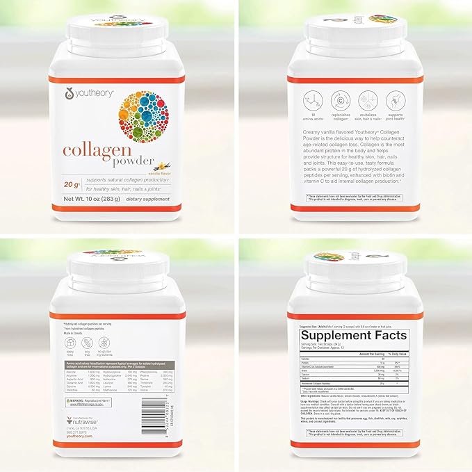Youtheory Collagen Powder - Premium Collagen Supplement with Vitamin C & Biotin - for Healthy Hair, Nails, Skin & Joints* - Hydrolyzed & Highly Absorbable - Dairy, Soy & Gluten Free - Vanilla - 10 oz