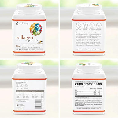 Youtheory Collagen Powder - Premium Collagen Supplement with Vitamin C & Biotin - for Healthy Hair, Nails, Skin & Joints* - Hydrolyzed & Highly Absorbable - Dairy, Soy & Gluten Free - Vanilla - 10 oz