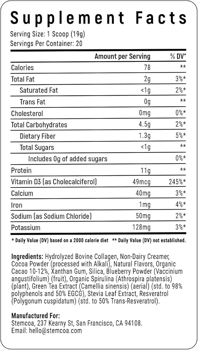 NCR1 - Natural Cellular Renewal & Rejuvenation, Double Chocolate Flavor, Hydrolyzed Bovine Collagen Powder with Cocoa & Resveratrol, Non-GMO, Gluten Free & Keto Diets