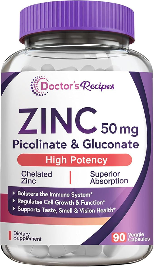 Doctor’s Recipes Zinc Capsules 50 mg from Highly Absorbable Zinc Picolinate & Gluconate, Supports Natural Immune Defense, DNA & Protein Formation, Cell Growth, Non-GMO No Dairy 90 Veggie Caps