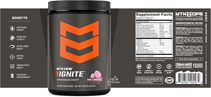 MTN OPS Ignite Energy Drink Powder, Gluten Free Nitric Oxide Supplement Drink Mix, L Arginine, L Citrulline, Caffeine & Nootropic Sugar Free Drink Mix, 45 Servings, Pink Lemonade