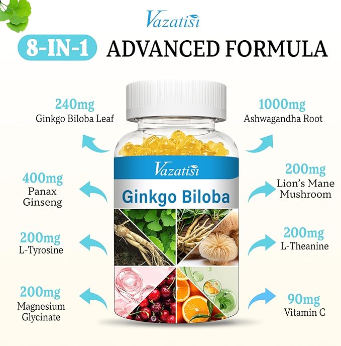 240MG Ginkgo Biloba Gummies | 120 Gummies | Improve Mood and Focus, Brain Health| Pineapple Flavor | Vegan, Non-GMO, Gluten Free Supplement