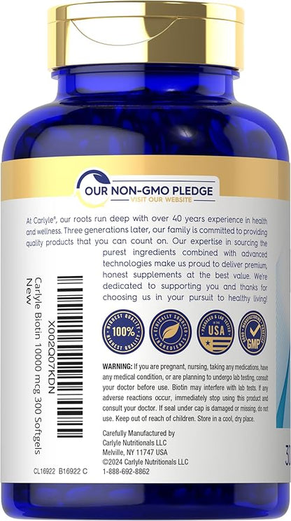 Carlyle Biotin 10000mcg | 300 Softgels | Max Strength | Non-GMO, Gluten Free Supplement