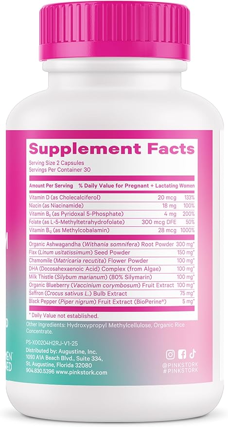 Pink Stork Postpartum Mood Support - Postnatal Hormone Balance for Women - Breastfeeding Friendly - Stress & Cognitive Support, New Mom Essentials - Ashwagandha, Chamomile, & Vitamin D, 60 Capsules