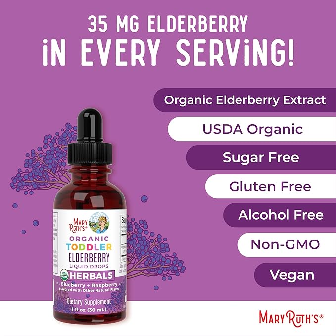 MaryRuth Organics Toddler Elderberry Syrup, USDA Organic Elderberry, Sugar Free Kids Immune Support Supplement for Ages 1-3 Years, Clean Label Project Verified®, Vegan, Non-GMO, Gluten Free, 1 Fl Oz