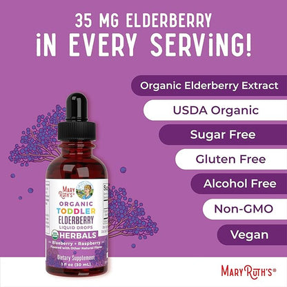 MaryRuth Organics Toddler Elderberry Syrup, USDA Organic Elderberry, Sugar Free Kids Immune Support Supplement for Ages 1-3 Years, Clean Label Project Verified®, Vegan, Non-GMO, Gluten Free, 1 Fl Oz