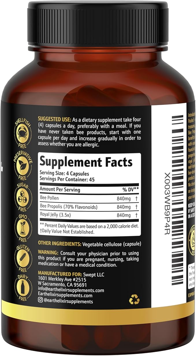 3-in-1 Organic Bee Pollen Capsule – Non-GMO, Pure Raw Bee Pollen, Royal Jelly, Propolis Extract for Women & Men – Natural Energy, Immune & Vitality Support – 180 Propolis Capsules
