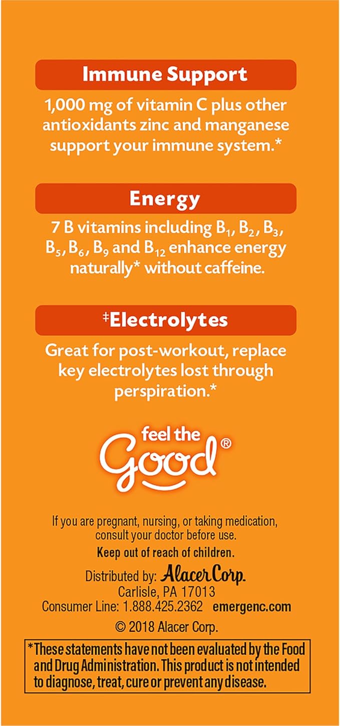 Emergen-C 1000mg Vitamin C Powder for Daily Immune Support Caffeine Free Vitamin C Supplements with Zinc and Manganese, B Vitamins and Electrolytes, Super Orange Flavor - 10 Count