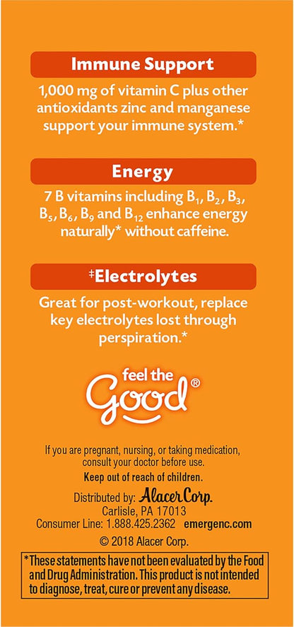 Emergen-C 1000mg Vitamin C Powder for Daily Immune Support Caffeine Free Vitamin C Supplements with Zinc and Manganese, B Vitamins and Electrolytes, Super Orange Flavor - 10 Count