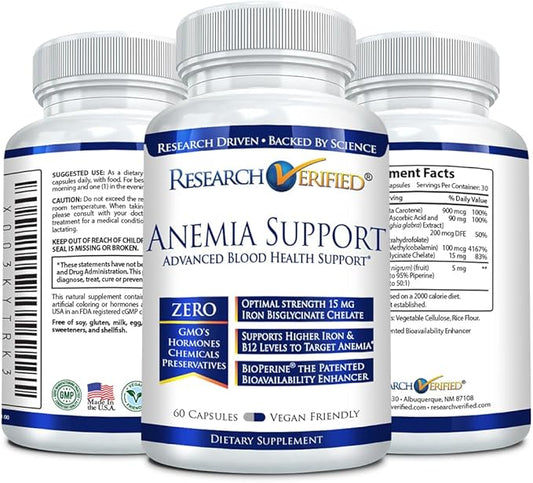 Research Verified Anemia Support - Replenish Iron, Regulate Hemoglobin, Improve Energy - Iron, Vitamin C, Vitamin A, B12, Folate, BioPerine - 180 Capsules - Vegan