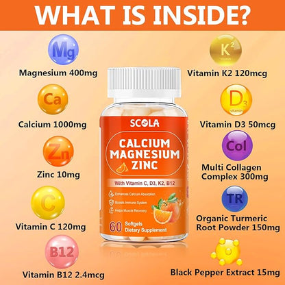Calcium Magnesium Zinc Supplement with Vitamin C D3 B12 K2, 1000mg Calcium, 400mg Magnesium for Immune Energy Support, Bone Health and Muscle Function Softgels, 120 Count