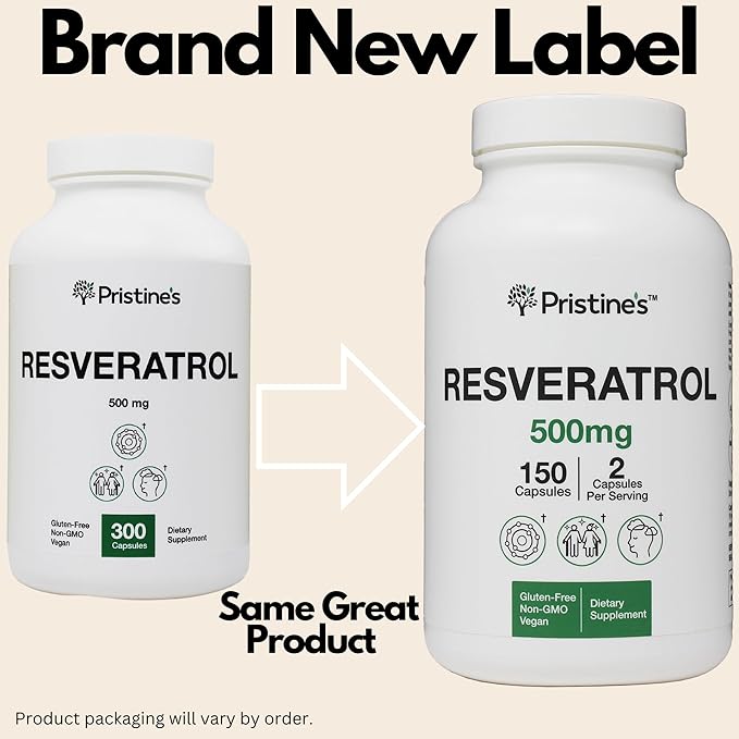 PRISTINE'S Resveratrol 500MG 75 Day Supply Anti Aging Antioxidant & Heart Health Supplement Capsules - Brain & Lung Health Benefits