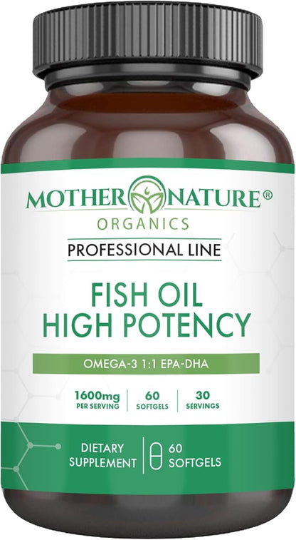 Mother Nature Organics Omega 3 Fish Oil 1600mg – EPA & DHA for Heart, Brain & Joint Health – Lipase for Better Absorption – DeltaGold® Tocotrienols for Freshness – Burpless, Easy to Digest – 60 Count