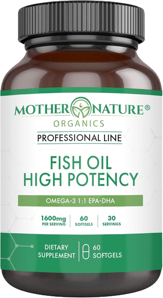 Mother Nature Organics Omega 3 Fish Oil 1600mg – EPA & DHA for Heart, Brain & Joint Health – Lipase for Better Absorption – DeltaGold® Tocotrienols for Freshness – Burpless, Easy to Digest – 60 Count