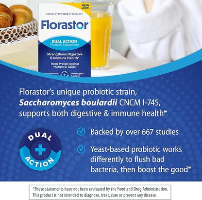 Florastor Probiotics for Digestive and Immune Health, 54 Capsules, Probiotics for Women & Men, Helps Flush Out Bad Bacteria, Boosts The Good with Our Strain Saccharomyces Boulardii, Packaging May Vary