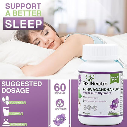 Ashwagandha with Magnesium Glycinate Supplement - 500mg Ashwagandha Root Extract & 110mg Bioavailable Magnesium - 60 Capsules