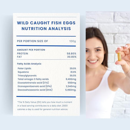 Wild Caught Fish Eggs 2,000mg - Omega 3 Supplement for Eye, Brain Health, Supports Immunity, Bones and Teeth, Mood Support with Omega 3-6-9 Fish Egg Capsules