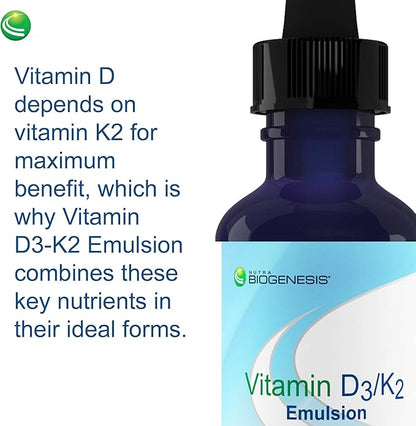 Nutra Biogenesis Vitamin D3/K2 Emulsion - Liquid Vitamin D Drops with MCT Oil, D3 K2 Supplement for Adults and Kids, Sublingual Oil Dropper for Women and Men - 1 Fl Oz Bottle (30 ml)