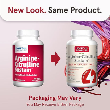 Jarrow Formulas® Arginine-Citrulline Sustain™, Dietary Supplement, Vascular Support Complex for Nitric Oxide Production and Cardiovascular Health, 120 Tablets, 60 Day Supply