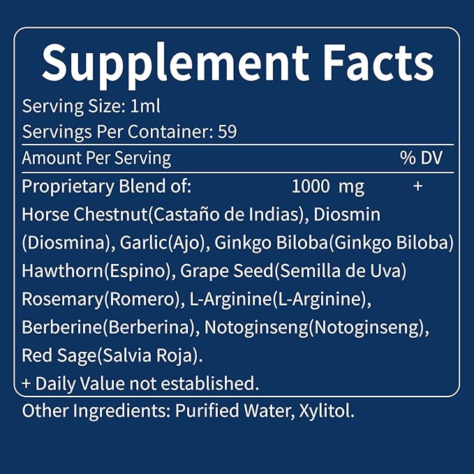 Blood Circulation Horse Chestnut Extract Liquid Drops, Castaño de Indias y Diosmina para la Circulacion y Varices, Nitric Oxide Supplement for Blood Flow, Pressure & Heart Health.2 oz