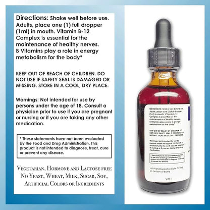 Vitamin B12 Complex Liquid Sublingual Drops Fast Absorption B2, B3, B5, B6 and B12. 2 fl oz - 60 Day Supply