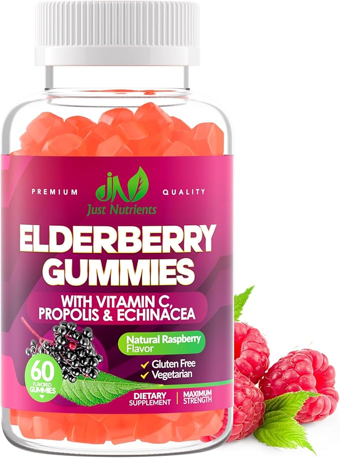 Elderberry Gummies with Vitamin C, Echinacea, Propolis (60 count) - Immune Support for Adults & Kids - Maximum Strength, Great Tasting Raspberry Flavor - Gluten-Free, Vegan - 60 Gummies