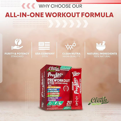 Clean Nutraceuticals Pre Workout Powder Stix - Creatine Monohydrate, Beta Alanine, L-Citrulline, Caffeine, L-Tyrosine, L-Carnitine – PreWorkout with Electrolytes – Energy Drink Alternative – 20 Count