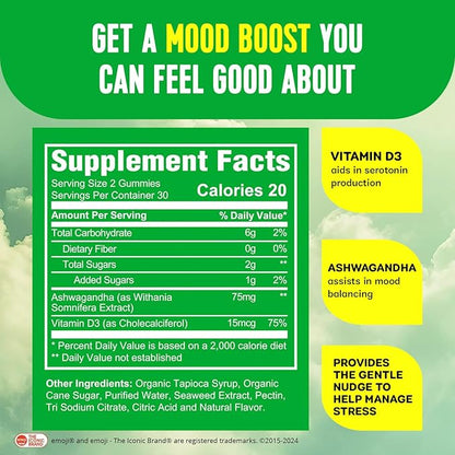 HEARTY Mood Support Supplement Gummies, Organic Ashwagandha Gummies for Women & Men, Mood Gummies for Kids, Chewable Vitamin D Gummy, Vegan Vitamin D3 Energy Supplements, 60 Count