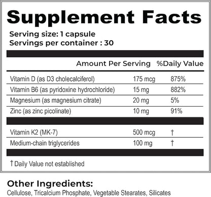 Vitamin D3 + K2 - Bone Health & Immune Support - 7000 IU(175 MCG)D3 + 500 MCG K2 - Cofactors B6, Magnesium & Zinc - Gluten Free, Vegan, Non-GMO - Dietary Supplement - 30 Veggie Capsules